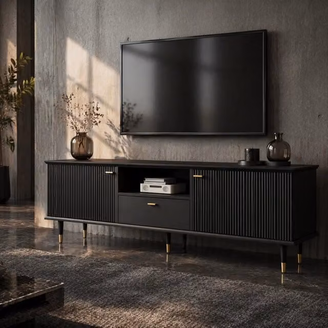 Mobile TV ULEVR 170x36x54 cm con 2 ante, cassetto e vano aperto, MDF nero con dettagli dorati