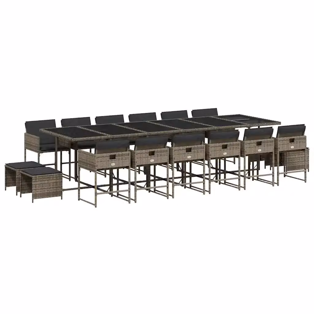 Set da pranzo da giardino vidaXL in polyrattan con cuscini e tavolo in vetro, 17 pezzi, grigio e nero – 2