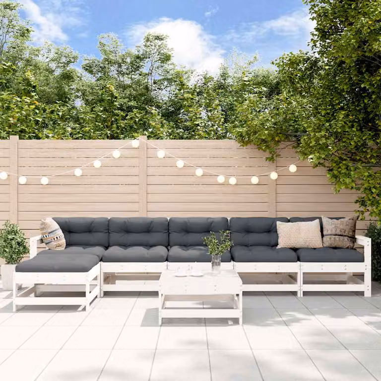 Set Salotto da Giardino vidaXL 7 pz in Legno di Pino Bianco con Cuscini e Design a L