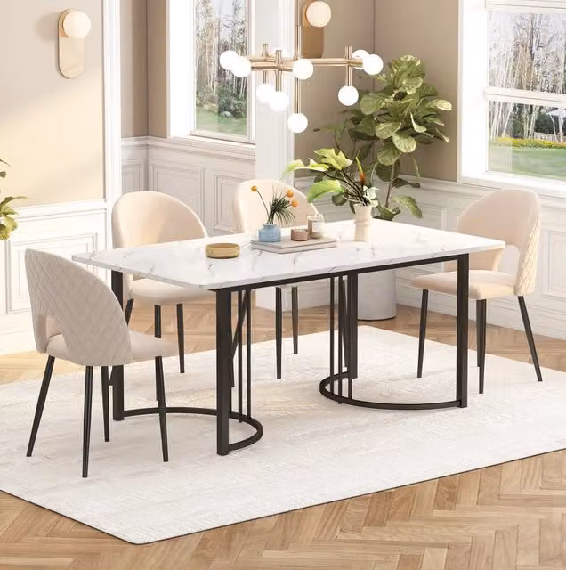 Set tavolo e sedie 140x80 cm in MDF bianco, velluto beige, stile moderno