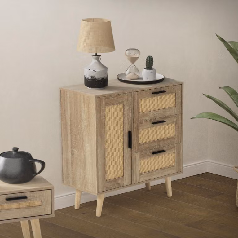 ML-Design credenza con frontale in rattan, 74x76x30 cm, effetto rovere, per soggiorno e corridoio