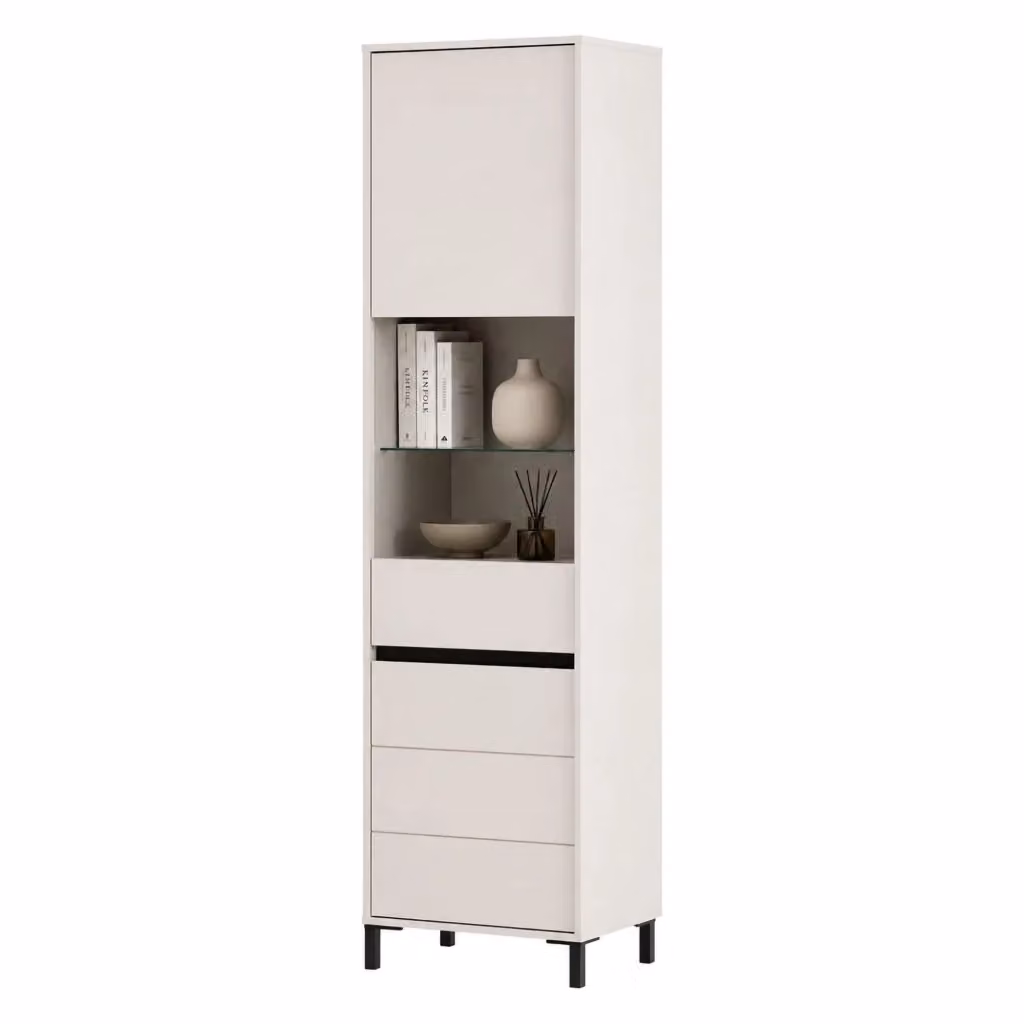 Vetrina Espositore DMORA con Ante in Vetro e 4 Ripiani, Bianco Crema, L: 55 cm, P: 40 cm, H: 193 cm – 2