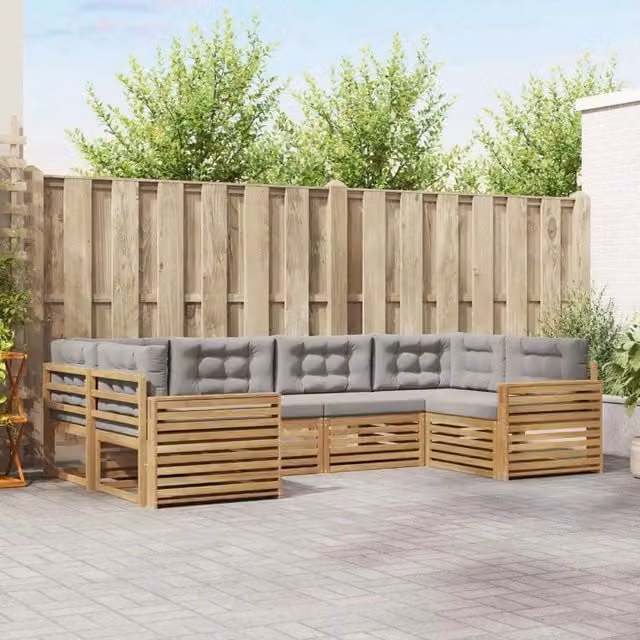 Set di divani da esterno a L vidaXL in legno di acacia con cuscini, Bianco e Grigio – 1