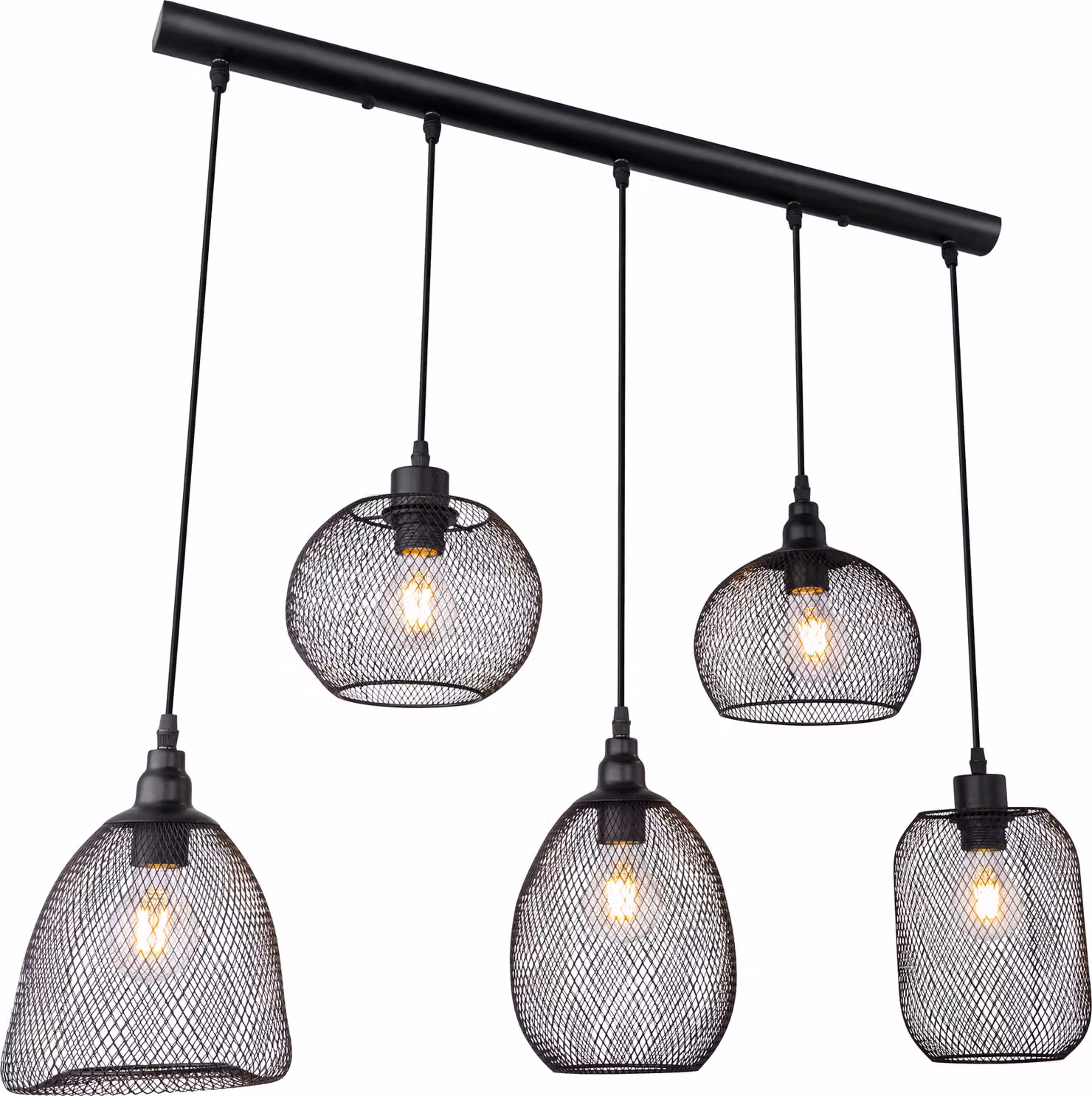 Lampada a sospensione Globo Lighting, struttura in metallo nero, cavo in PVC nero, altezza regolabile, 5 paralumi diversi, diametro: da 15 cm a 20 cm, dimensioni: 890x200x1200 mm, esclusa lampadina: 5 x E27 60W 230V