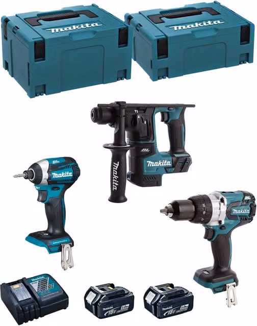Kit utensili a batteria Makita MK306RTJ con trapano avvitatore DHP481, perforatore DHR171, avvitatore a impulsi DTD154, 2 batterie da 5,0 Ah, caricabatterie DC18RC e sistemi di contenimento MAKPAC