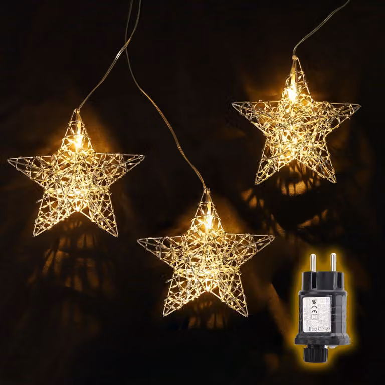 Catena luminosa a LED con 3 stelle di colore bianco caldo, lunghezza 3,5 metri, grado di protezione IP44, con timer