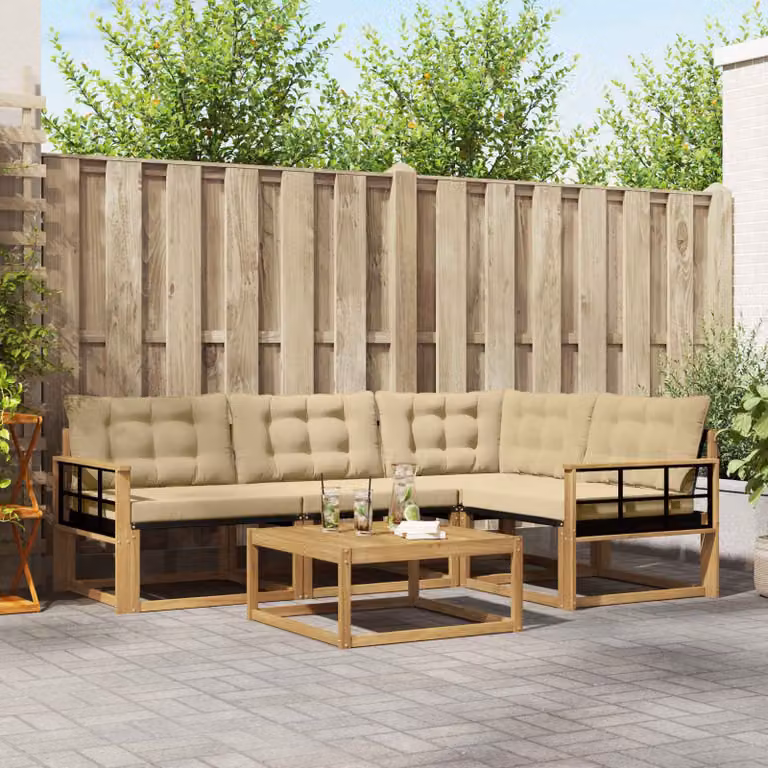 Set di divani da esterno vidaXL 5 pezzi a forma di L in legno di acacia con cuscini, Bianco e Beige
