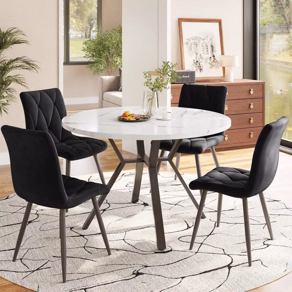 Tavolo da Pranzo Rotondo Minimal con Piano in Marmo Bianco e Gambe in Metallo Nero Diametro: 100 cm, Altezza: 75 cm – 2