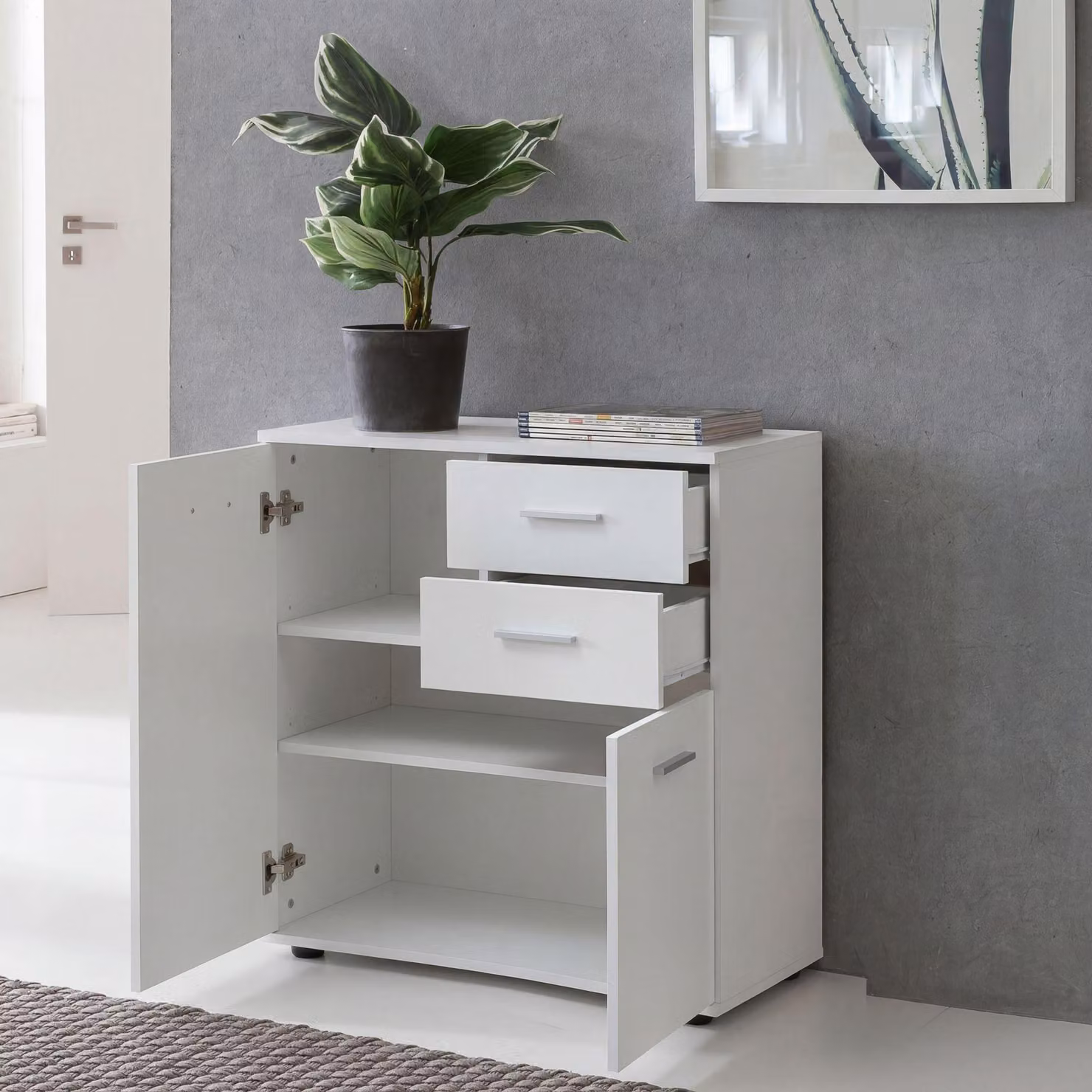 FineBuy Comodà bianco con ante e cassetti 71 x 78 x 35,5 cm Mobile in legno Mobile da ingresso moderno Mobile multiuso piccolo Credenza Sideboard opaco