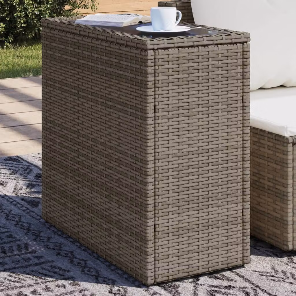Tavolino da giardino moderno vidaXL in polyrattan con piano in vetro grigio e nero L/P/H: 58 x 27,5 x 55 cm