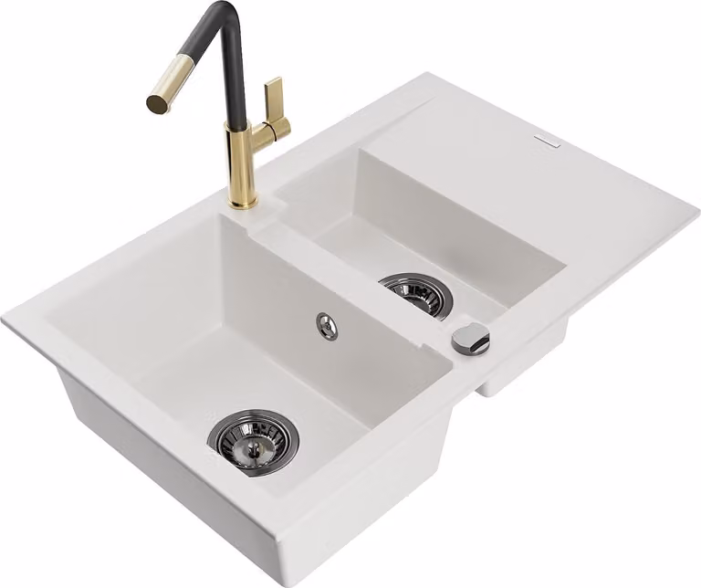 Mexen Gaspar lavello in granito 1,5 vasche con sgocciolatoio e miscelatore cucina Flora, bianco - 6507-20-670401-57-B