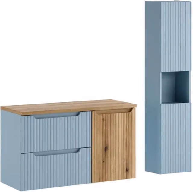 Set VANO blu denim e rovere chiaro 130cm: mobile sotto lavabo con cassetti e cesto della biancheria + piano per lavabo + colonna