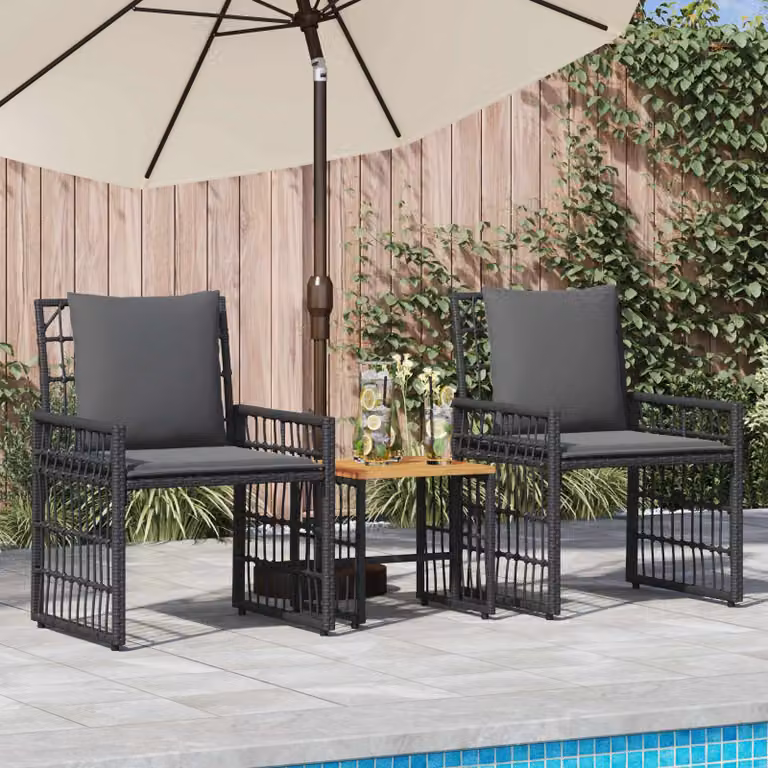 Set di mobili da esterno vidaXL in 3 pezzi in rattan e legno di acacia nero e grigio scuro
