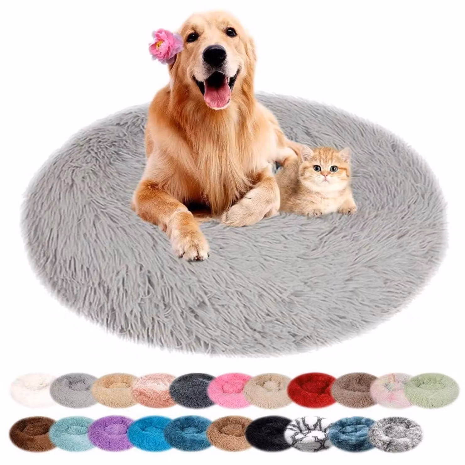 Cuccia per cani, forma rotonda, in peluche, lavabile, color grigio chiaro, diametro 60 cm
