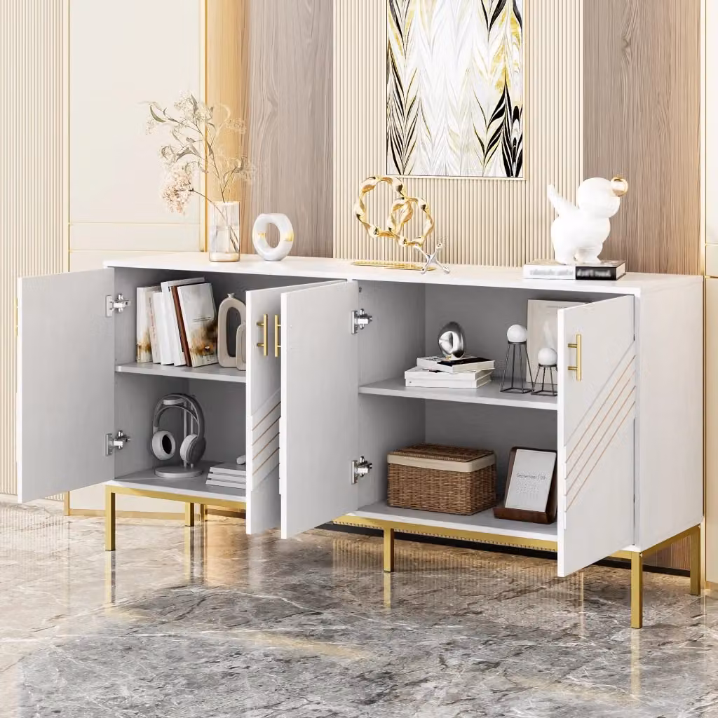 Credenza moderna in MDF bianco effetto legno con 4 ante e 2 ripiani regolabili per soggiorno o ingresso L: 160 cm, P: 40 cm, H: 80.5 cm – 2