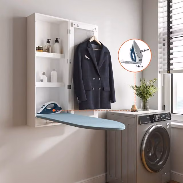 Mobile da parete con asse da stiro integrato; pieghevole; specchio in MDF bianco