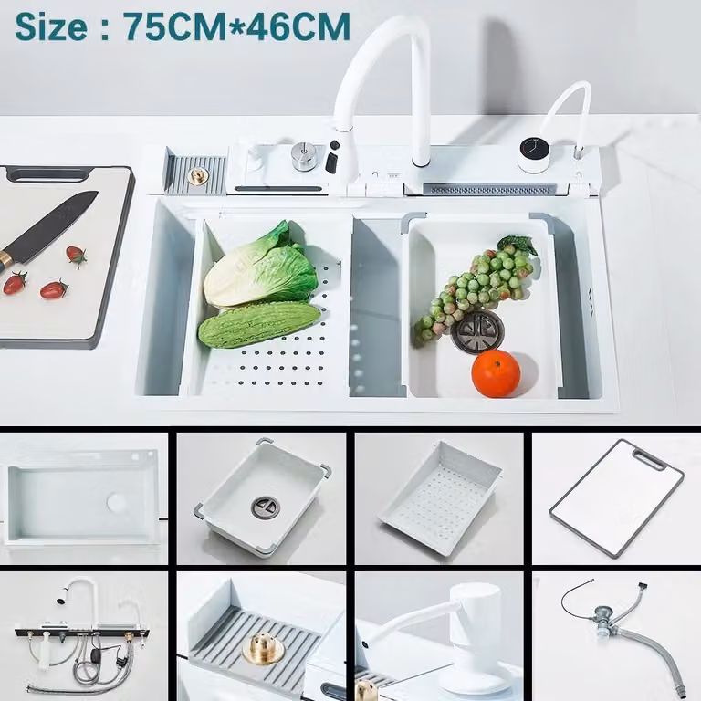 Lavello da cucina in acciaio inossidabile - Lavello a cascata con display digitale - Vasca singola - Da incasso - Con miscelatore - 4 fori - Rettangolare - Bianco 201