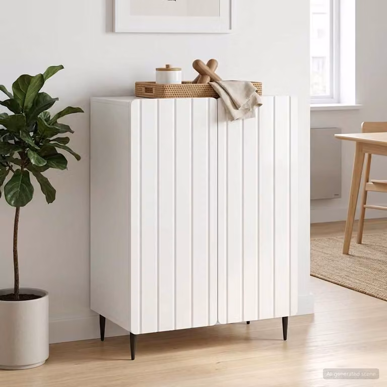 Credenza moderna vidaXL in bianco lucido con dettagli in metallo, L 66 cm x P 34,5 cm x H 92 cm