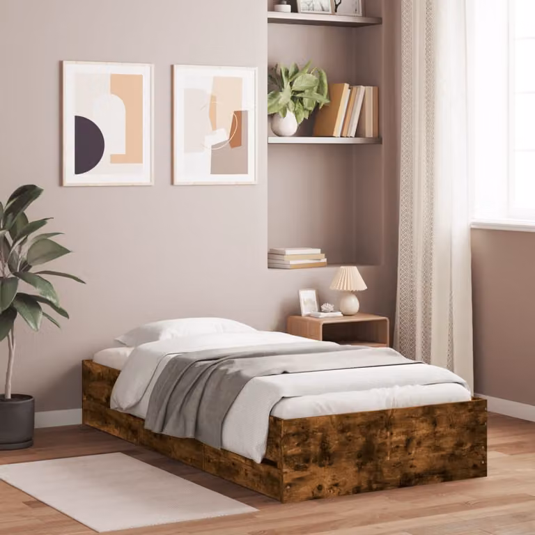 vidaXL Giroletto con Cassetti in Legno Multistrato Rovere Fumo L: 100 cm, P: 200 cm, H: 102 cm