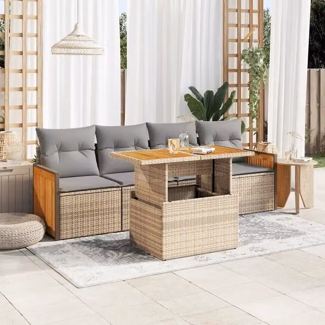 Set Divano da Giardino 5 Pezzi vidaXL in Polyrattan e Legno di Acacia con Cuscini Beige e Grigio per Terrazza e Giardino