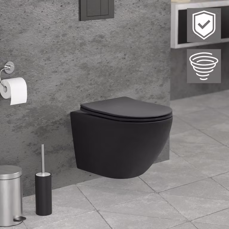 LuxeBath WC sospeso senza bordo, nero, corto, a filo tornado, con nano rivestimento