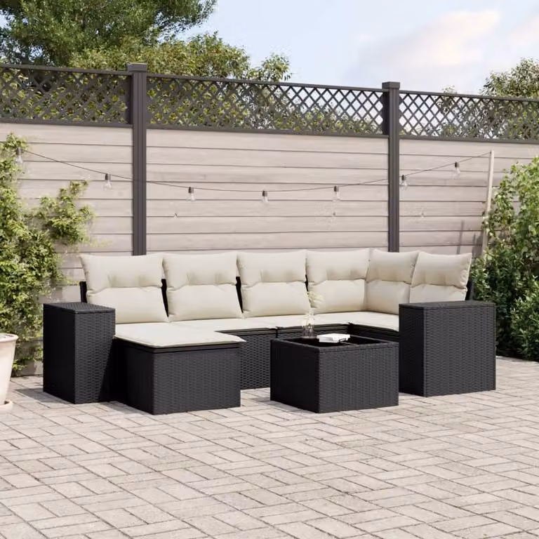 Set Divani da Giardino vidaXL a Forma di L in Polyrattan Nero con 7 Cuscini e Tavolino