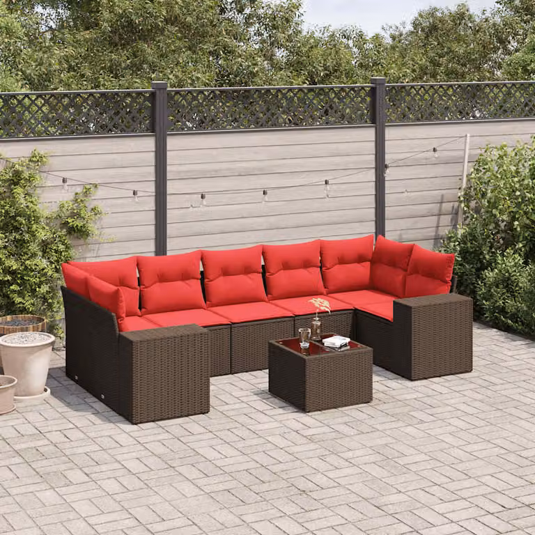 Set da giardino vidaXL in polyrattan marrone con 8 pezzi, divani a L, tavolino e cuscini imbottiti resistenti ai raggi UV