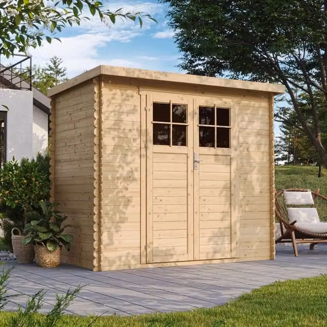 Casetta da giardino in legno TIMBELA M310F per esterni con porta con serratura e finestra, colore marrone/beige, L/P/H: 239 x 144 x 200 cm – 1