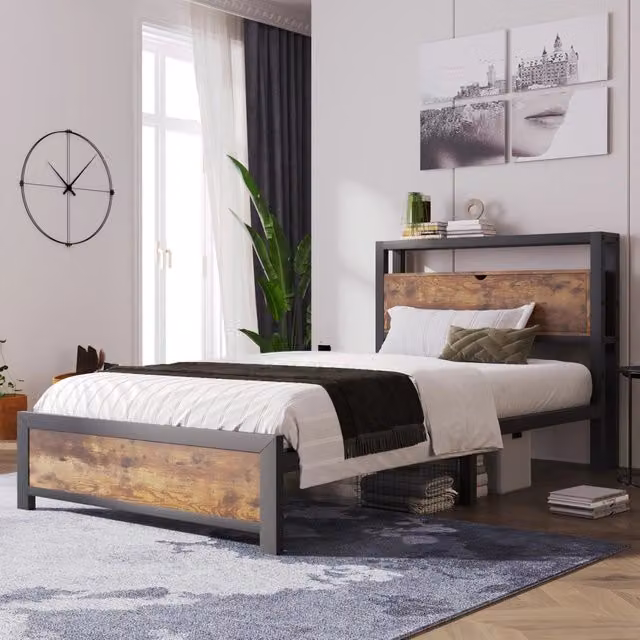 letto metallo e legno naturale 100 x 216 cm