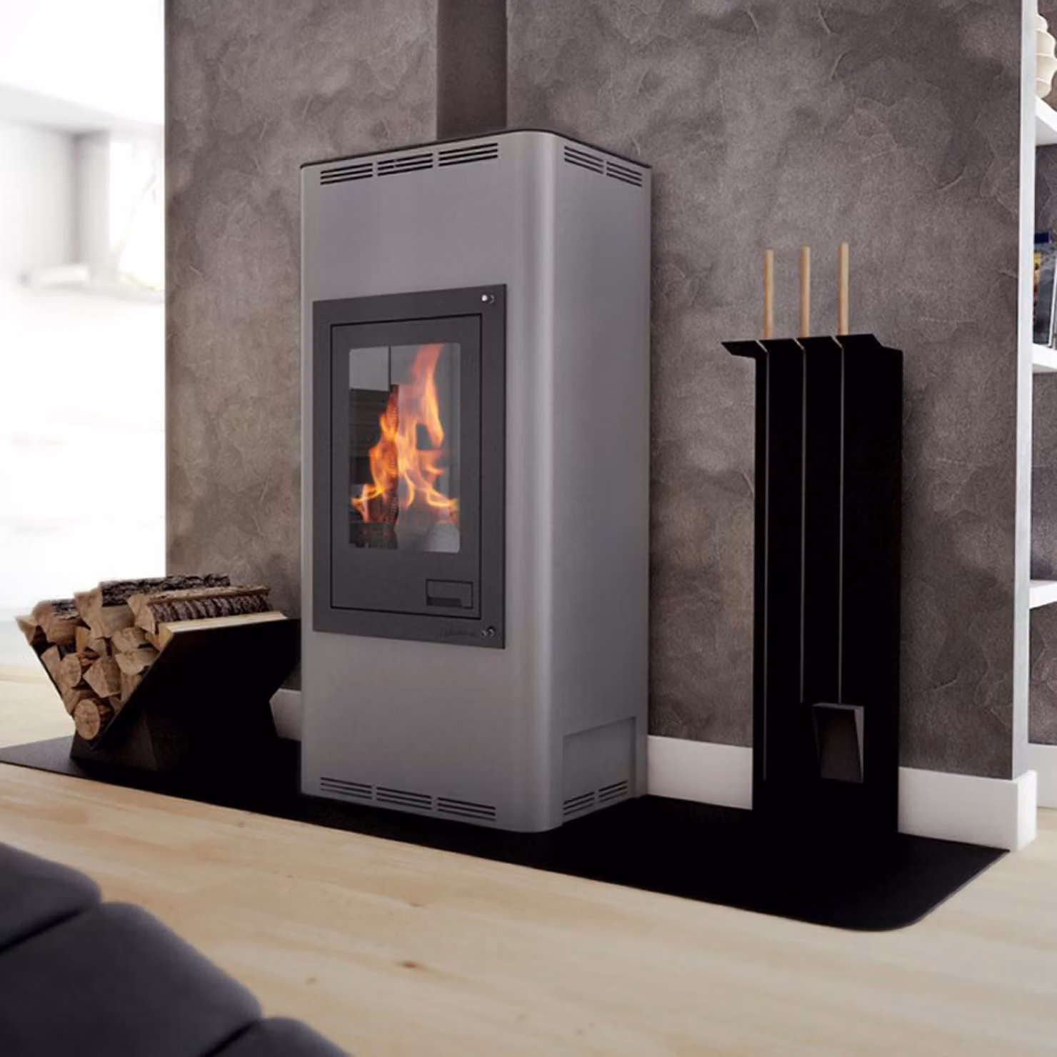 Termocamino HS FLAMINGO AQUAFLAM 12 con scambiatore di calore regolazione base grigio