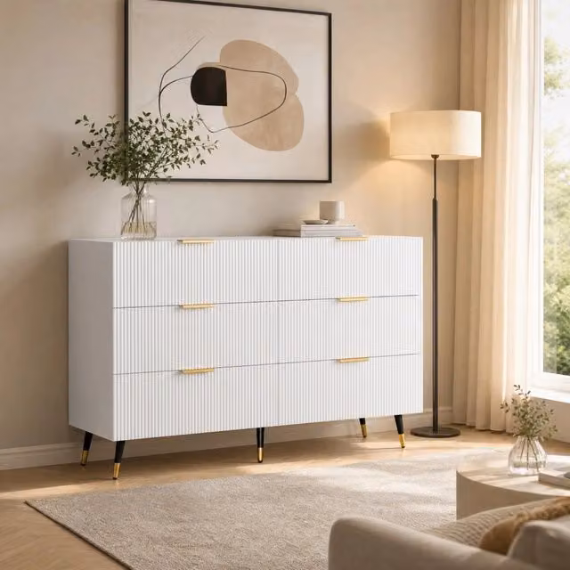 Sideboard bianco e oro con 6 cassetti, design moderno 120x77x40 cm
