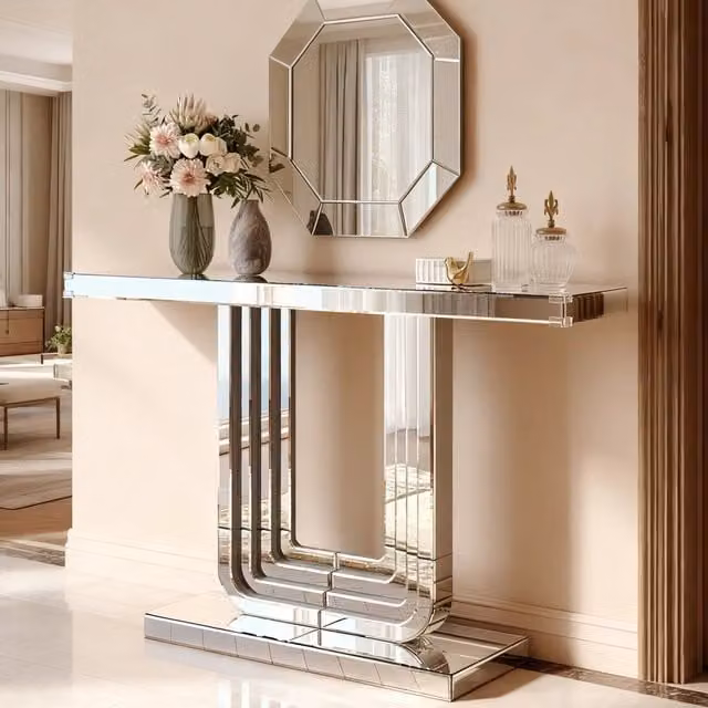 Tavolo consolle a specchio 135.0x40.0x31.5 cm con base a U; vetro e MDF argento