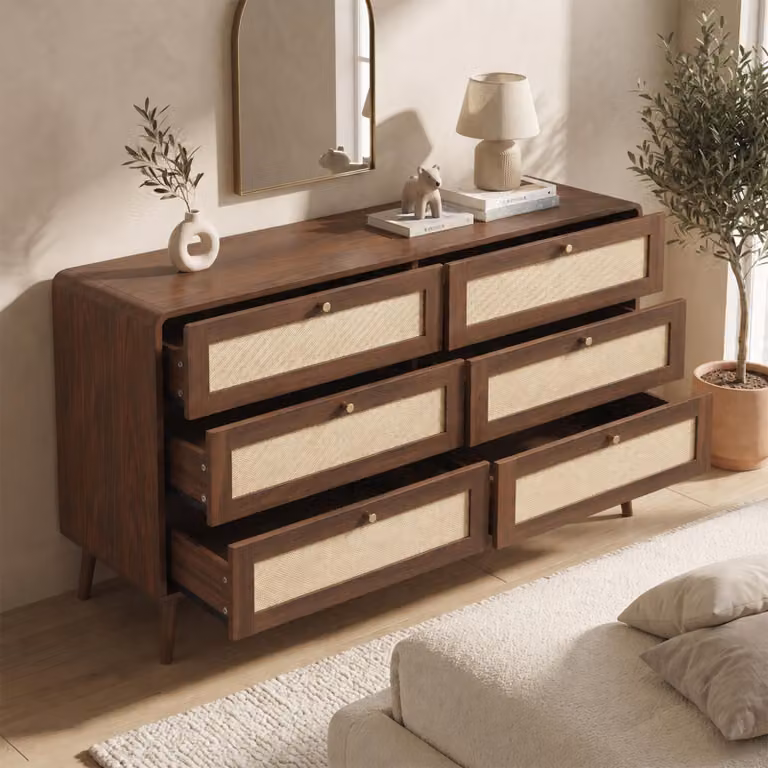 Comodino STILVORA con 6 cassetti e larghezza di 120 cm, mobiletto contenitore con finitura effetto rattan, comodino da camera da letto con angoli arrotondati
