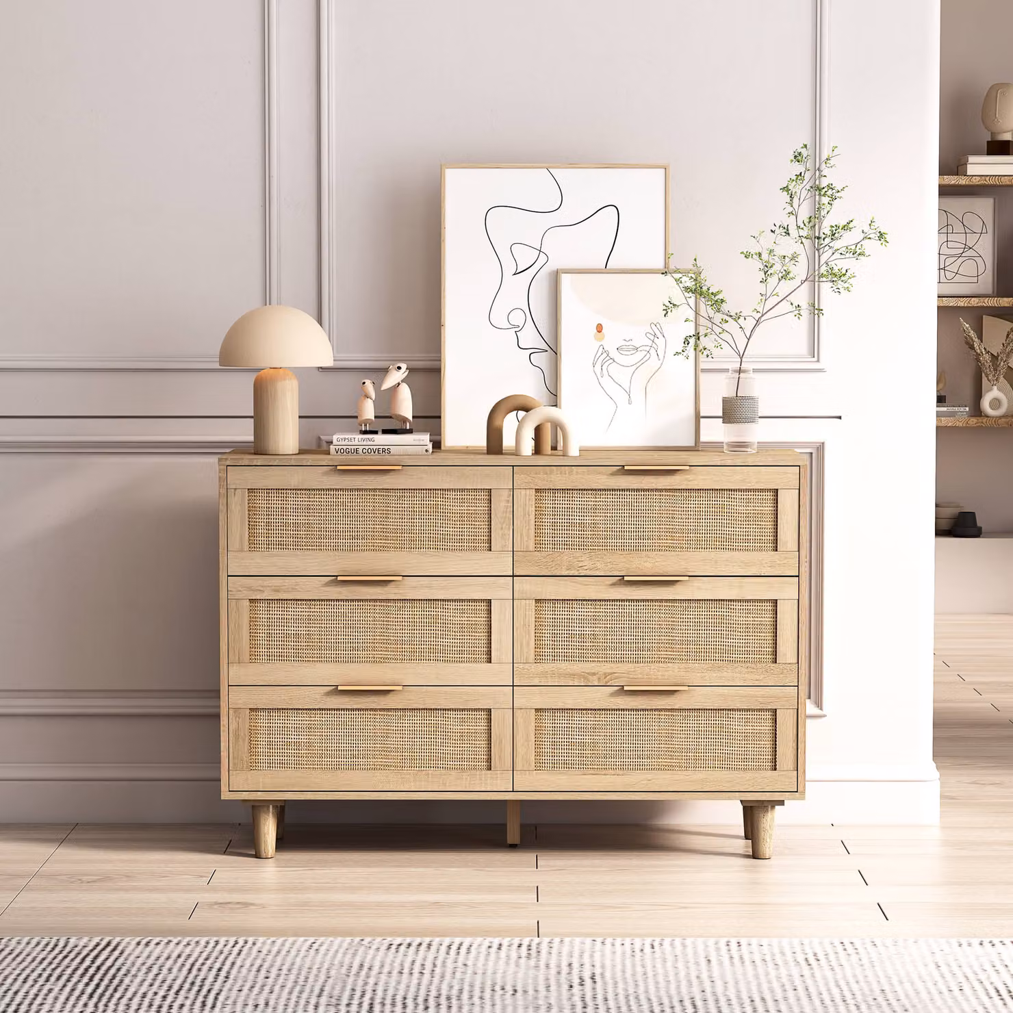Cassettiera AIORBER, rattan, 6 cassetti, stile rustico antico, molto spazio, credenza, adatta per camera da letto, soggiorno, 110x40x75cm, colore naturale