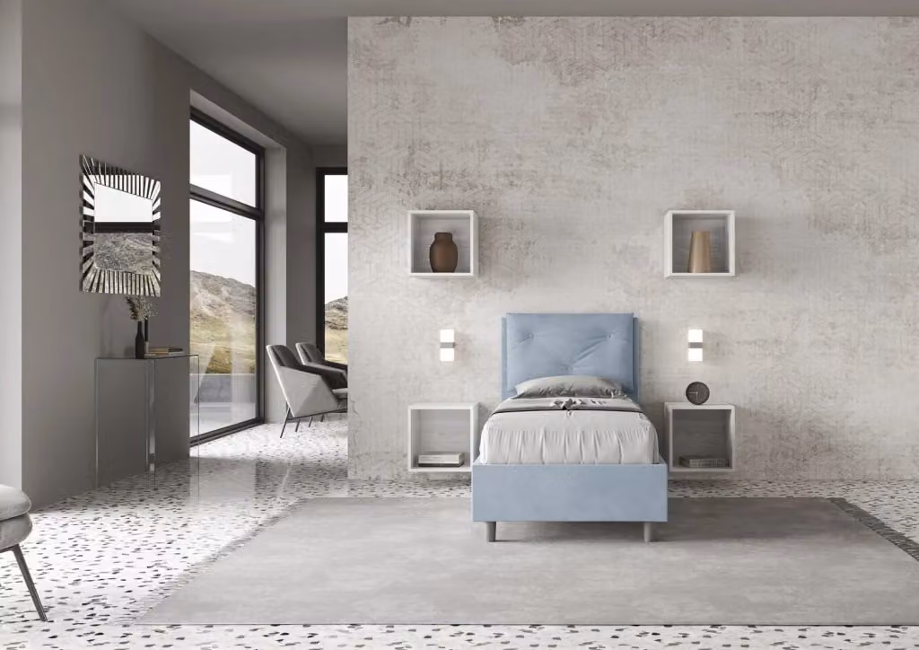 Letto singolo contenitore imbottito BS COM in microfibra azzurro L/P/H: 90 x 210 x 110 cm – 2