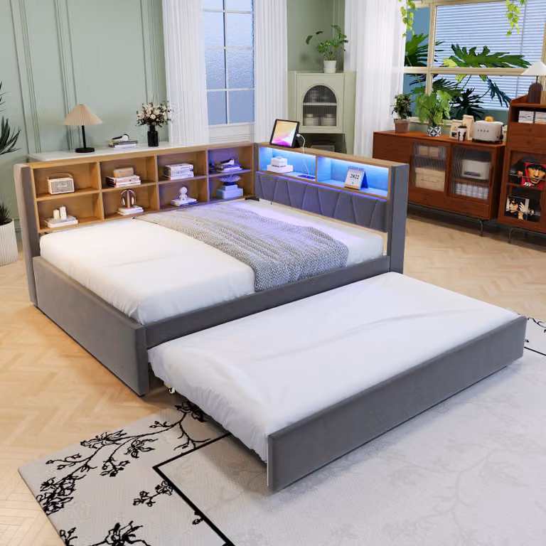 STILVORA Divano letto 140x200 cm, daybed con luci a LED e prese elettriche, lettino per bambini con numerosi vani portaoggetti, grigio scuro (senza materasso)