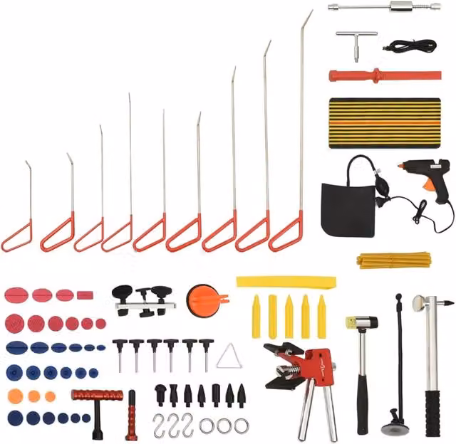 Kit di riparazione ammaccature senza vernice in acciaio inossidabile da 76 pezzi rosso e giallo