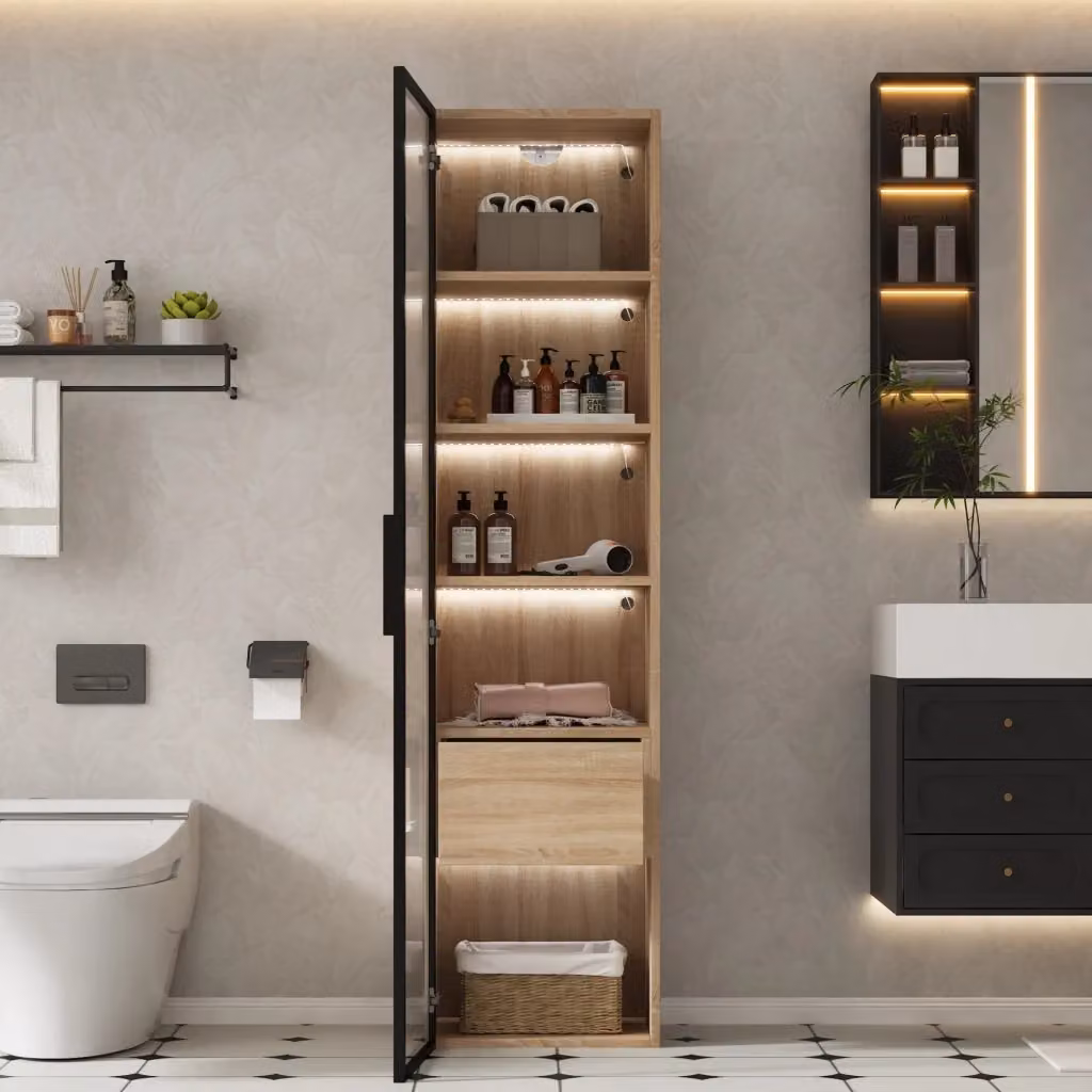 Mobile bagno alto moderno in MDF naturale con ante in vetro e ripiani interni, L: 40 cm, P: 34,5 cm, H: 165 cm – 2