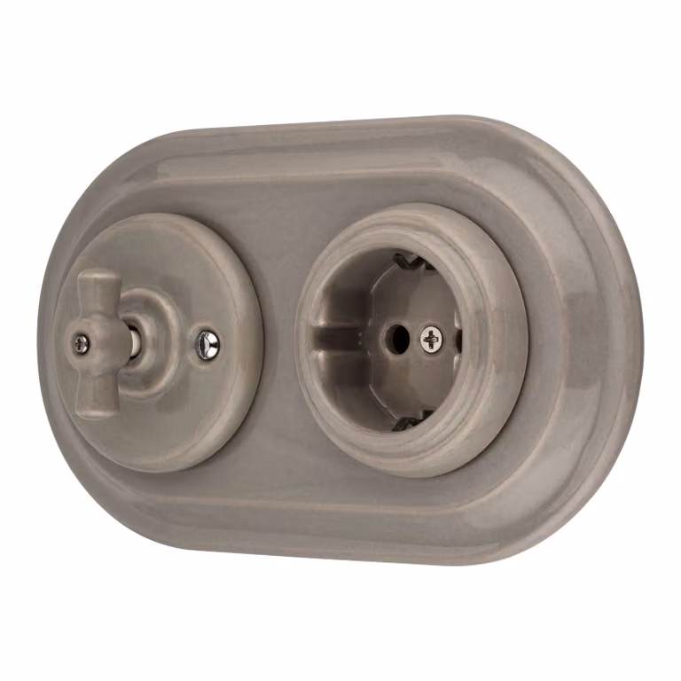 Presa di corrente retrò in porcellana da incasso, interruttore rotante, 2 ingressi, tutto in uno, serie SET PR1 grigio-beige