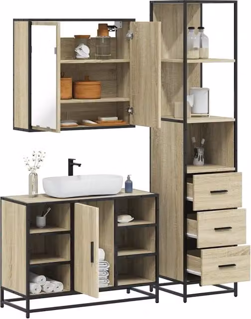 Set Mobili da Bagno 3 Pezzi vidaXL in Stile Industrial Marrone con Mobile Lavabo, Armadietto Alto e Pensile Specchio in Legno e Metallo