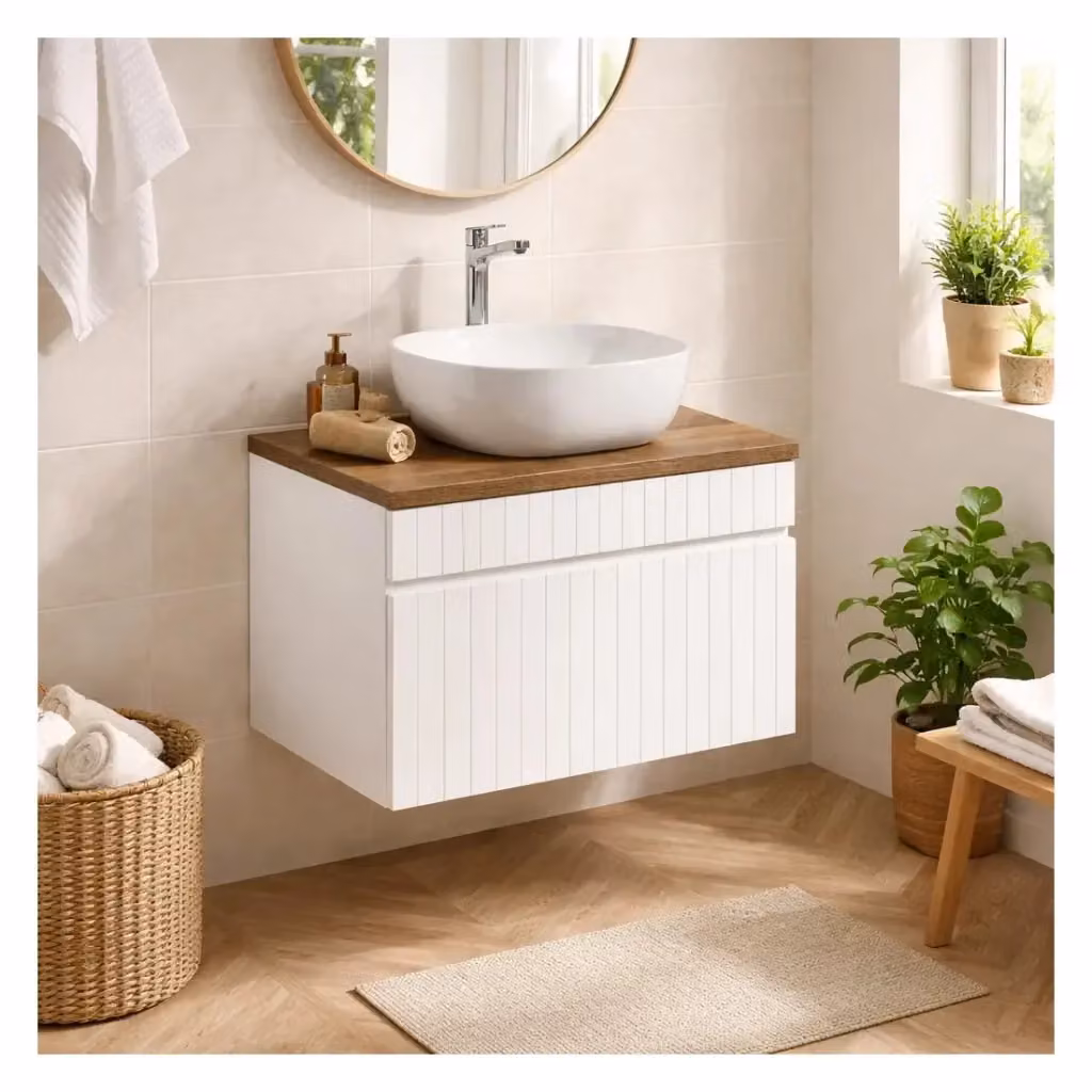 Mobile sottolavabo ICON Meublorama bianco con piano effetto legno scuro per bagno – 2