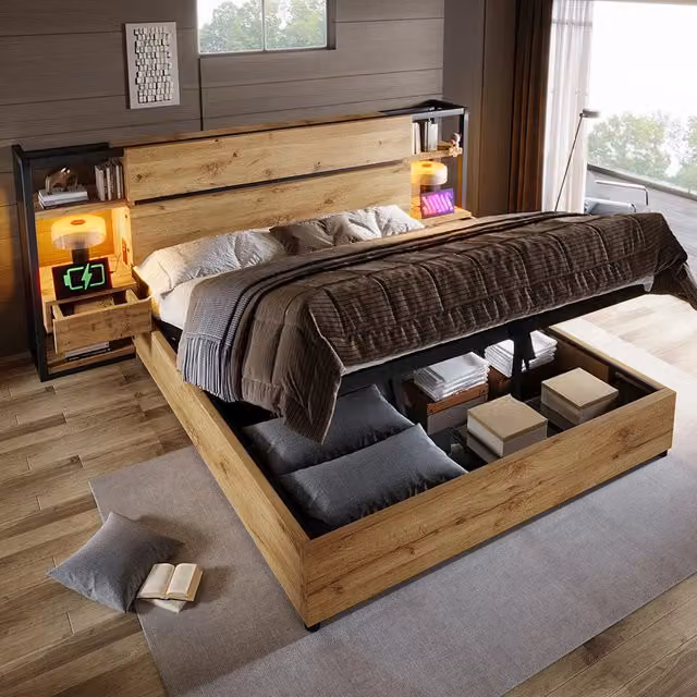 Letto matrimoniale-Xylo-160x200 cm-contenitore idraulico, USB/Type-C, testiera, quercia