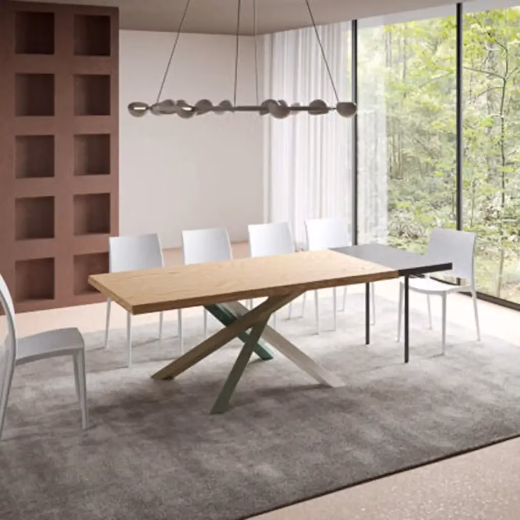 Tavolo allungabile Itamoby in legno di rovere con bordo live edge e gambe a X in metallo antracite, L: 200-300 cm, P: 90 cm, H: 75 cm – 2