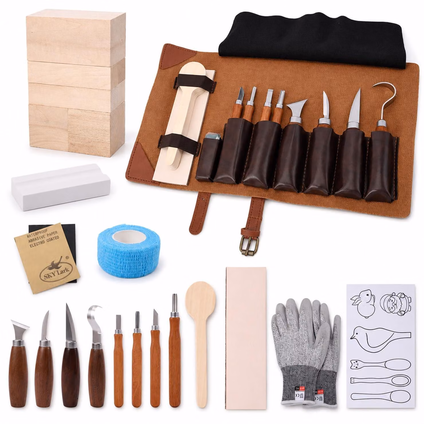 Elzusha - Set di utensili per intaglio del legno, ideale per principianti, con coltelli e scalpelli