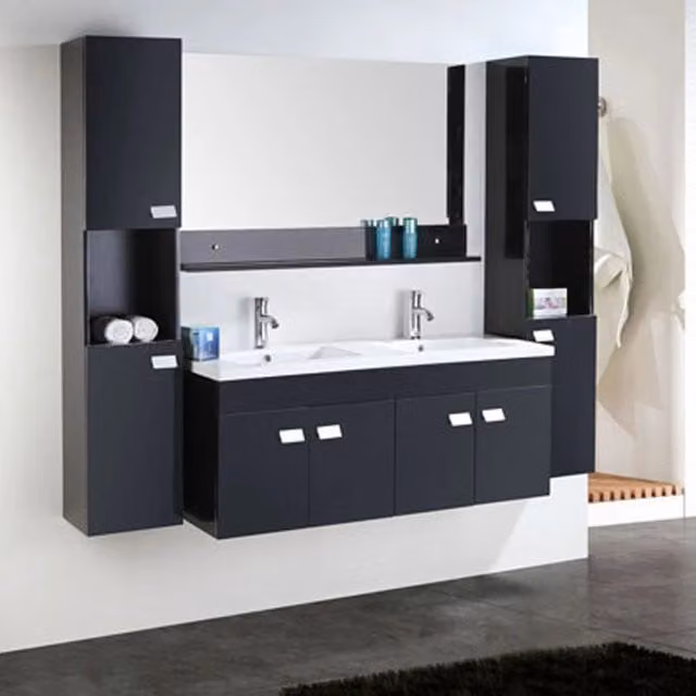 Mobile bagno moderno Elegance nero e bianco con base lavabo, colonna e armadietto specchio sospesi L: 120 cm, P: 46 cm, H: 50 cm – 1