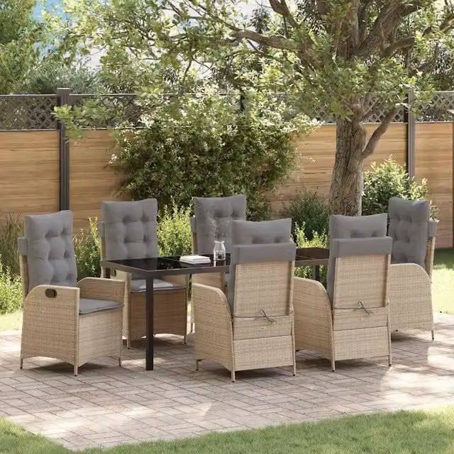 Set da pranzo per giardino e terrazzo vidaXL in polyrattan e vetro, 7 pezzi, beige e nero – 1