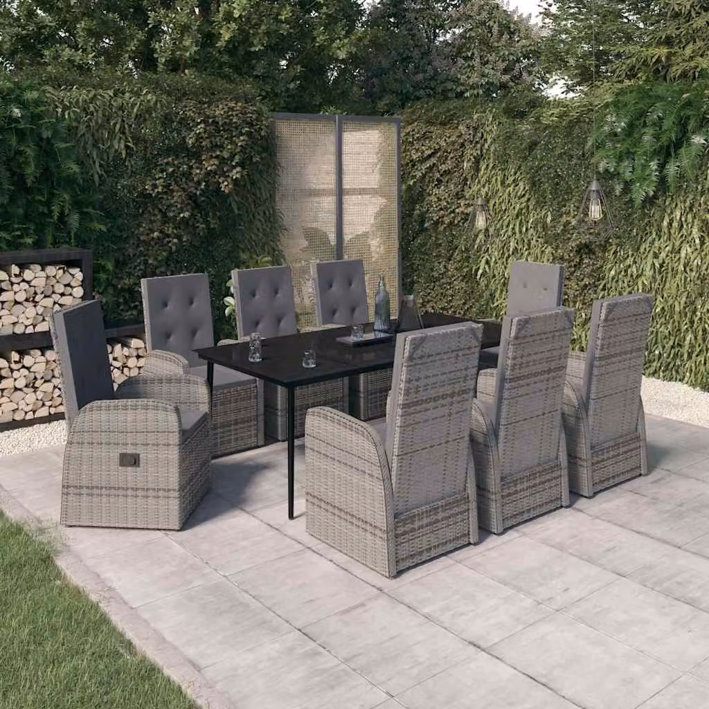 Set da Pranzo da Giardino vidaXL in Polyrattan con Cuscini e Tavolo in Vetro, 9 Pezzi, Grigio e Nero