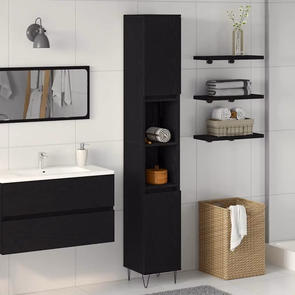 Mobile da bagno moderno vidaXL in MDF nero lucido con ante a battente e ripiani interni L/P/H: 30 x 30 x 190 cm