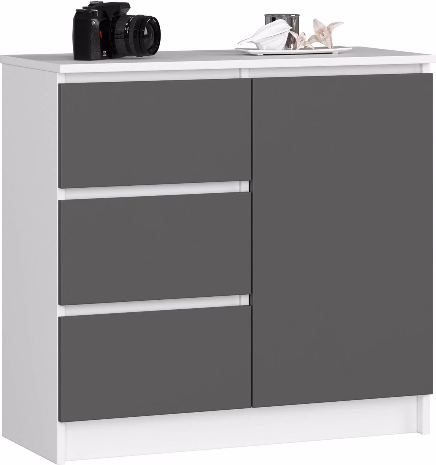 Cassettiera AKORD JERRY Bianco 80 cm Anta 3 cassetti 2 livelli Frontale Grigio grafite L80 x H77 x P35 cm