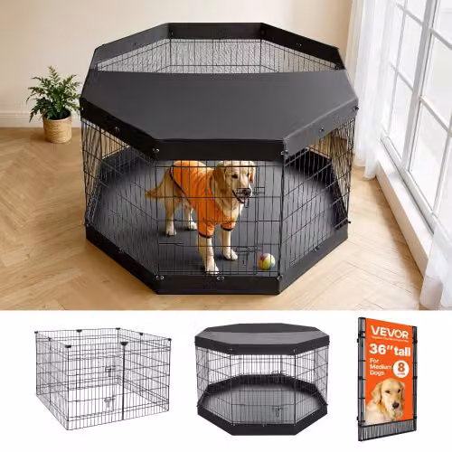 Recinzione pieghevole in metallo VEVOR per cani e cuccioli con 8 pannelli, copertura superiore e base imbottita, colore nero